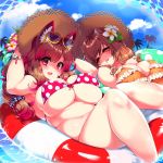  animal_humanoid beauty_mark big_breasts bikini blush breasts brown_hair cleavage clothed clothing cloud duo female flower hair hat hi_res huge_breasts humanoid inner_tube long_hair looking_at_viewer lying mask_(marking) nipple_bulge on_back open_mouth outside plant ponytail red_eyes sea sleeping slightly_chubby smile straw_hat swimsuit tanuki_humanoid water wolf_humanoid みやま_を月 
