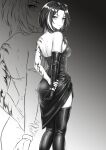  absurdres arm_tattoo bad_link boots bubblebebe_(artist) dress eve_(bubblebebe) evening_gown highres indie_virtual_youtuber jewelry leather leather_boots looking_at_viewer simple_background sunglasses tattoo watch wolf_cut 