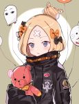  :t abigail_williams_(fate/grand_order) alternate_hairstyle balloon bangs belt black_bow black_jacket blonde_hair blue_eyes blush bow closed_mouth commentary_request fate/grand_order fate_(series) forehead fou_(fate/grand_order) hair_bow hair_bun heroic_spirit_traveling_outfit high_collar holding holding_stuffed_animal jacket long_hair medjed mew_(firenoodles2) orange_bow parted_bangs pout sleeves_past_fingers sleeves_past_wrists solo stuffed_animal stuffed_toy teddy_bear 