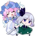  2girls blue_eyes blue_hat blue_kimono blush_stickers closed_eyes closed_mouth commentary_request deformed facing_viewer frilled_kimono frilled_skirt frills fujimugi green_skirt green_vest grey_hair hat hitodama hitodama_print holding holding_sword holding_weapon imperishable_night japanese_clothes katana kimono konpaku_youmu konpaku_youmu_(ghost) looking_at_viewer medium_hair mob_cap multiple_girls pink_hair puffy_short_sleeves puffy_sleeves saigyouji_yuyuko short_sleeves simple_background single_blush_sticker skirt skirt_set sleeve_garter smile sword touhou triangular_headpiece vest weapon white_background 