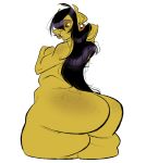  2017 big_butt black_hair breast_grab breasts butt digital_media_(artwork) ear_piercing female freckles green_skin hair hair_over_eye hand_behind_head hand_on_breast huge_butt humanoid long_hair not_furry nude orc orchidea piercing pointy_ears rear_view red_eyes sharp_teeth simple_background slb solo standing teeth thick_thighs tusks white_background wide_hips yellow_sclera 