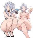2026 alcohol areola beverage breasts champagne champagne_glass choker clothing collarbone container crossed_legs crouching cup drinking_glass ear_piercing elf eyebrows eyelashes female footwear footwear_only frieren frieren_beyond_journey's_end glass glass_container glass_cup green_eyes hair hand_on_leg hand_on_thigh hi_res high_heels high_heels_only humanoid humanoid_pointy_ears jewelry mostly_nude necklace nipples not_furry nude piercing plushie pointy_ears rakeemspoon shoes sitting solo thick_thighs twintails_(hairstyle) white_hair