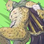  abs animal_ears animal_print ass blue_eyes bracelet cape chest fangs furry highres jewelry left-handed leopard_ears leopard_print leopard_tail male_focus nipples ose shin_megami_tensei shirtless solo sunspotfish sword tail weapon 