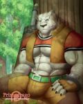  2017 5_fingers abs anthro bandage belt biceps blue_eyes bracelet claws clothed clothing feline fingerless_gloves front_view fur gloves grimoire_of_zero hi_res jewelry kemono male mammal melee_weapon mercenary_(character) muscular muscular_male outside pants patreon pecs primodrago shirt sitting smile snow_tiger solo sword tiger tree url vest weapon white_fur white_tiger 