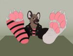  4_toes aggressive_retsuko anthro clothed clothing feet foot_focus fur haida hair hyena jacket legwear male mammal pawpads rip sanrio simple_background smile socks solo toes xdarkspace 