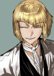 1boy bleach bleach:_sennen_kessen-hen blonde_hair blunt_bangs blunt_ends bob_cut busuttt commentary_request facing_viewer haori highres hirako_shinji japanese_clothes korean_commentary looking_to_the_side male_focus short_hair simple_background smile solo taichou_haori teeth upper_body 