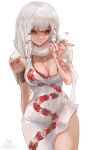  1girl absurdres armlet artist_name beeprats black_sclera blowing_kiss bra braid breasts cleavage colored_sclera commentary commission covered_navel cowboy_shot dress hand_up heart highres hip_dips jewelry looking_at_viewer medium_hair navel original puckered_lips red_bra red_eyes red_nails red_scales scales scarf simple_background snake_girl snake_print solo underwear white_background white_dress white_hair 