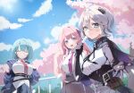  3girls :d blue_eyes blue_hair blue_sky breasts center_frills chaos_zero_nightmare cherry_blossoms closed_eyes cloud commentary dango food frills glasses grey_hair hair_between_eyes hair_ornament haruurii highres holding holding_skewer long_hair looking_at_viewer mika_(chaos_zero_nightmare) multiple_girls necktie open_mouth pleated_skirt purple_eyes red_hair red_necktie rei_(chaos_zero_nightmare) renoa_(chaos_zero_nightmare) shirt skewer skirt sky smile wagashi white_shirt 