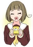  1girl :d ^_^ ahoge alternate_hair_length_(shorter) blush bob_cut brown_dress brown_hair closed_eyes commentary cropped_torso dress gradient_background hasu_no_sora_school_uniform heart heart_ahoge heart_in_mouth highres holding inverted_bob kachimachi_kosuzu link!_like!_love_live! llkapital long_sleeves love_live! neckerchief official_alternate_hairstyle open_mouth radial_gradient_background sailor_collar sailor_dress school_uniform short_hair side_ahoge smile solo underwear untranslatable_commentary virtual_youtuber white_sailor_collar winter_uniform yellow_background yellow_neckerchief 