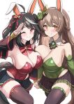  2girls ;) absurdres ahoge alternate_costume animal_ear_hairband animal_ears arm_warmers armpits ascot bare_shoulders black_hair black_skirt black_sleeves black_tail black_thighhighs blush braid breast_press breasts brown_eyes brown_hair brown_tail cleavage closed_mouth collarbone commentary_request covered_navel detached_collar detached_sleeves diamond_(shape) ear_covers ear_ornament ear_ribbon fake_animal_ears green_leotard hair_ornament hair_ribbon hairband half_up_braid heart highres holding_hands horse_ears horse_girl horse_tail kibihimi kitasan_black_(umamusume) large_breasts leotard long_hair looking_at_viewer miniskirt multicolored_hair multiple_girls navel one_eye_closed orange_eyes playboy_bunny pleated_skirt rabbit_ear_hairband rabbit_ears red_eyes red_leotard red_ribbon revision ribbon salute satono_diamond_(umamusume) short_hair sideboob simple_background skirt smile strapless strapless_leotard streaked_hair sweat symmetrical_docking tail thighhighs two_side_up umamusume white_background white_hair white_streaks yellow_arm_warmers 