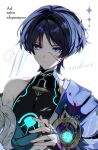  1boy anemo_symbol_(genshin_impact) aqua_gem armpit_crease bishounen black_bodysuit black_bridal_gauntlets black_hair blood blood_on_clothes blood_on_face blue_kimono blunt_ends body_markings bodysuit bridal_gauntlets bright_pupils c_ixxp cape character_name closed_mouth commentary covered_collarbone cracked_skin expressionless eyeliner gem genshin_impact glowing_gem glowing_markings gold gold_ring hair_intakes hand_up highres japanese_clothes juban kimono latin_text looking_at_viewer makeup male_focus mandarin_collar middle_ring open_clothes open_hand open_kimono parted_bangs portrait purple_cape purple_eyes purple_hair red_eyeliner revision scaramouche_(genshin_impact) shoulder_peek side_cape single_bare_shoulder single_off_shoulder solo torn_clothes tsurime twitter_username untranslatable_commentary wanderer_(genshin_impact) white_background white_kimono white_pupils wispy_bangs 