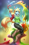  2018 5_fingers anthro blonde_hair breasts clothed clothing digital_media_(artwork) equine female green_eyes hair hooves horn mammal mykegreywolf navel simple_background smile solo unicorn 