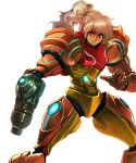  1girl 80s arm_cannon blonde_hair blue_eyes closed_mouth colored cowboy_shot david_liu faux_traditional_media high_ponytail highres metroid nintendo no_headwear no_helmet oldschool ponytail power_armor power_suit samus_aran science_fiction solo standing varia_suit weapon white_background 