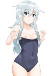 30-06 blue_eyes blush breasts closed_mouth covered_navel eyebrows_visible_through_hair hair_between_eyes hibiki_(kantai_collection) highres kantai_collection long_hair looking_at_viewer nipples one-piece_swimsuit school_swimsuit silver_hair simple_background small_breasts solo swimsuit swimsuit_pull white_background 