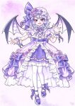  1girl alternate_color alternate_costume back_bow bat_wings bow bowtie commentary dress dress_flower fangs flower frilled_wrist_cuffs frills full_body hat hat_flower looking_at_viewer medium_hair miy_001 open_mouth pantyhose puffy_short_sleeves puffy_sleeves purple_bow purple_bowtie purple_dress purple_eyes purple_flower purple_hair purple_hat purple_nails purple_rose purple_shoes purple_wrist_cuffs remilia_scarlet rose shoes short_sleeves smile solo touhou untranslatable_commentary white_pantyhose wings wrist_cuffs 