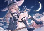  1girl black_shoes blue_bow blue_skirt bow braid broom broom_riding brown_eyes brown_hair closed_mouth cloud commentary_request crescent_moon detached_sleeves dress floating_hair grey_dress grey_hat grey_sleeves grey_socks hair_between_eyes hair_bow hat hat_bow headphones heterochromia hoshi_(snacherubi) knees_together_feet_apart knees_up long_hair long_sleeves moon multicolored_hair night original outdoors pink_bow pleated_skirt puffy_long_sleeves puffy_sleeves purple_eyes purple_hair shoes sitting skirt sky socks solo star_(sky) starry_sky two-tone_hair very_long_hair witch_hat 
