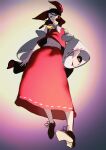  1girl absurdres ascot black_hair bow collared_shirt commentary_request detached_sleeves floating_hair full_body gradient_background hair_bow hair_tubes hakurei_reimu highres holding holding_orb hotoke_party long_skirt looking_ahead looking_at_viewer medium_hair midriff orb parted_lips perspective red_bow red_shirt red_skirt ribbon-trimmed_sleeves ribbon_trim shirt shoes sidelocks skirt sleeveless sleeveless_shirt smile solo toes_up touhou white_sleeves yellow_ascot yin_yang yin_yang_orb 