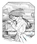  1girl artist_name bag bench closed_eyes collared_shirt commentary_request cowboy_shot dated floating_hair greyscale hands_up hatching_(texture) head_down highres linear_hatching medium_hair monochrome necktie original outdoors pleated_skirt railroad_tracks shirt shoulder_bag skirt solo standing traditional_media traffic_mirror train_station train_station_platform utility_pole wind zpihr6jprso2r2l 