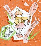  1girl ahoge animal artist_name black_eyes brown_hair child closed_mouth commentary_request dated frog hand_on_own_hip holding holding_plant horsetail_(plant) jacket medium_hair orange_background original oversized_plant paper_cutout_(medium) papercraft_(medium) plant red_shoes red_skirt shoes skirt smile socks solo standing traditional_media unconventional_media white_socks yellow_jacket zpihr6jprso2r2l 