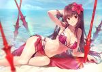  arm_up bangs bare_arms bare_shoulders beach bikini blue_sky blush breasts brown_hair cleavage cloud cloudy_sky collarbone day eyebrows_visible_through_hair fate/grand_order fate_(series) flower gae_bolg hair_between_eyes hair_flower hair_intakes hair_ornament hibiscus horizon kagachi_saku large_breasts leg_garter lens_flare long_hair looking_at_viewer navel ocean outdoors parted_lips planted_weapon purple_bikini purple_hair purple_sarong red_bikini red_eyes red_flower sand sarong scathach_(fate)_(all) scathach_(swimsuit_assassin)_(fate) sky smile swimsuit very_long_hair water weapon 