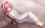  astolfo_(fate) bare_shoulders barefoot bdsm black_bow blush bondage bound bow braid collarbone commentary cracked_floor english_commentary eyebrows_visible_through_hair fate/grand_order fate_(series) from_above full_body gag hair_between_eyes hair_bow hair_intakes improvised_gag jitan777 knees_up long_braid long_hair looking_at_viewer lying male_focus multicolored_hair mummification on_back otoko_no_ko pink_hair purple_eyes shadow shiny single_braid solo streaked_hair sweat tape tape_bondage tape_gag wrapped_up 