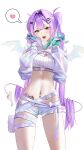  1girl :d absurdres bandaid bandaid_on_leg belt center-flap_bangs commentary cowboy_shot crop_top demon_girl double-parted_bangs fangs gloves gradient_hair green_eyes hair_ornament hairclip hands_up heart highres hip_tattoo holding_own_hair hololive hooded_shrug long_hair long_sleeves multicolored_hair multiple_belts navel navel_piercing official_alternate_costume open_mouth parallel_hairclips piercing pink_hair pointy_ears pouch puffy_long_sleeves puffy_sleeves purple_hair see-through_clothes see-through_sleeves short_shorts shorts shrug_(clothing) simple_background smile solo spoken_heart stomach tanishi_(hetianming11093) tattoo thigh_pouch tokoyami_towa tokoyami_towa_(cyberpunk) turtleneck twintails very_long_hair virtual_youtuber white_background white_shorts white_shrug winged_heart winged_heart_tattoo 