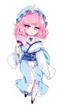  1girl blue_hat blue_kimono breasts cleavage commentary deformed folding_fan frilled_kimono frills full_body hand_fan hat highres holding holding_fan japanese_clothes kimono large_breasts long_sleeves looking_at_viewer mob_cap off_shoulder pink_eyes pink_hair raptor7 saigyouji_yuyuko simple_background solo touhou triangular_headpiece untranslatable_commentary white_background wide_sleeves 