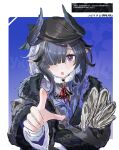  1girl absurdres arknights bird_girl black_hair check_commentary chinese_commentary coat commentary_request flat_cap fur-trimmed_coat fur_trim gn_tuituji hair_over_one_eye hat head_wings highres looking_at_viewer neck_ribbon open_mouth pointy_ears purple_eyes red_ribbon ribbon solo ukusik_(arknights) wings 