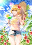  absurdres ahoge bare_shoulders beach blonde_hair blue_shorts cherry cloud cowboy_shot cup day denim drinking_glass drinking_straw flower food fruit hamster harryham_harry hat hat_removed headwear_removed hibiscus highres holding holding_cup holding_hat hugtto!_precure kagayaki_homare looking_at_viewer melon_soda navel orange orange_slice precure short_hair short_shorts shorts sky standing summer sun_hat thigh_gap water yellow_bikini_top yellow_eyes yuutarou_(fukiiincho) 