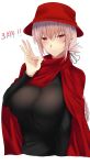  alternate_costume bangs black_ribbon black_sweater blush braid breasts cape commentary_request eyebrows_visible_through_hair fate/grand_order fate_(series) florence_nightingale_(fate/grand_order) hair_between_eyes hair_ribbon heroic_spirit_traveling_outfit highres large_breasts looking_at_viewer middle_w onineko-chan pink_eyes pink_hair red_cape ribbon simple_background single_braid smile solo sweater w white_background 