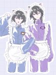  2boys 32o animal_ears apron arm_up black_hair blue_background blue_track_suit brothers cat_ears closed_mouth commentary_request cropped_legs crossdressing crossdressing_(mtf) ensemble_stars! fang frilled_apron frills grid_background hair_between_eyes highres jersey_maid light_blush locked_arms looking_at_another looking_to_the_side maid maid_apron maid_headdress male_focus male_maid medium_hair multiple_boys name_tag open_mouth outline purple_track_suit red_eyes sakuma_rei_(ensemble_stars!) sakuma_ritsu short_hair siblings sleeves_past_fingers sleeves_past_wrists smile strap_slip track_suit unconventional_maid white_apron white_outline 