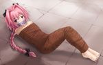  astolfo_(fate) bare_shoulders barefoot bdsm black_bow blush bondage bound bow braid collarbone commentary cracked_floor english_commentary eyebrows_visible_through_hair fate/grand_order fate_(series) from_above full_body gag hair_between_eyes hair_bow hair_intakes improvised_gag jitan777 knees_up long_braid long_hair looking_at_viewer lying male_focus multicolored_hair mummification on_back otoko_no_ko pink_hair purple_eyes rope shadow shiny single_braid solo streaked_hair sweat tape tape_gag wrapped_up 