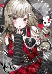  1girl :p @_@ absurdres arm_behind_back armlet bare_shoulders belt black_armlet black_belt black_hat black_nails black_skirt black_sleeves black_wings bone_hair_ornament chibana_sora chibi choker commentary cross-laced_clothes cross-laced_top cross_tattoo detached_sleeves dot_nose dutch_angle english_commentary grey_background grey_eyes grey_hair grey_theme hair_ornament hand_on_own_chin hand_up hat heart highres jewelry light_blush long_hair looking_at_viewer melting_heart original piercing plaid_clothes plaid_shirt pleated_skirt red_shirt revision shirt sidelocks skirt skull_hair_ornament solo_focus spiked_choker spikes standing striped_sleeves tattoo tongue tongue_out tongue_piercing watermark wings x_hair_ornament 