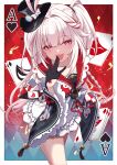  1girl absurdres ace_(playing_card) black_gloves black_hat blunt_bangs braid card collar commentary_request cowboy_shot diamond_(shape) diamond_facial_mark facial_mark fang fingernails frilled_skirt frills gloves grey_hair hat heart heart_facial_mark highres honkai:_star_rail honkai_(series) long_hair long_sleeves looking_at_viewer mark_under_both_eyes multicolored_hair nail_polish ojou-sama_pose pink_eyes pink_nails playing_card poker red_collar red_hair red_ribbon red_streaks ribbon single_glove skirt solo sparkle_(honkai:_star_rail) sparxie_(honkai:_star_rail) standing streaked_hair twin_braids twintails vic_1223 white_skirt wide_sleeves 