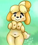  2018 animal_crossing anthro breasts female green_background inverted_nipples isabelle_(animal_crossing) mammal nintendo nipples nude short_stack simple_background video_games yiffnotgif 