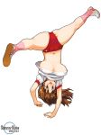  blush breasts brown_hair buruma full_body groin_tendon gym_uniform handstand large_breasts legs logo navel official_art purple_eyes ryoji_(nomura_ryouji) shirt_slip shoes silver_rain simple_background sneakers socks solo spread_legs thighs underboob upside-down white_background 