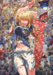  2018_fifa_world_cup absurdres arms_up bangs blonde_hair blurry blurry_background braid breasts closed_eyes commentary confetti eyebrows_visible_through_hair fate_(series) flag france french_flag happy highres holding holding_flag jeanne_d'arc_(fate) jeanne_d'arc_(fate)_(all) jumping large_breasts long_hair lovetigerfish midriff_peek open_mouth shorts single_braid smile soccer soccer_uniform sportswear teeth tongue white_shorts world_cup 