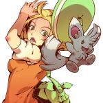  bag bel_(pokemon) blonde_hair breasts commentary_request gen_5_pokemon green_eyes green_hat handbag hat minccino open_mouth pokemon pokemon_(creature) pokemon_(game) pokemon_bw short_hair tachibana_nijou 