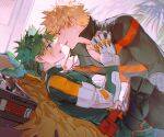  2boys arm_up bakugou_katsuki belt belt_pouch blonde_hair boku_no_hero_academia cape gloves green_eyes green_hair hand_on_another's_neck imminent_kiss indoors long_sleeves lying male_focus midoriya_izuku milmil_(wa_ten'nendesu) multicolored_gloves multiple_boys on_back open_mouth plant popped_collar pouch profile red_belt red_eyes scar scar_on_cheek scar_on_face short_hair spiked_hair superhero_costume white_gloves yaoi yellow_cape 