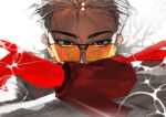  .kireen 1boy absurdres arms_up backlighting black_eyes covered_mouth crossed_arms gloves hair_slicked_back highres lens_flare looking_at_viewer male_focus mullet red_gloves solo sparkle to_be_hero_x white_hair x_(to_be_hero_x) 