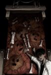  1boy :d arm_tattoo arm_up black_background black_eyes black_hair black_shirt body_horror bone cable coat commentary dark-skinned_male dark_skin dorohedoro flayed_skin highres horror_(theme) kasukabe_(dorohedoro) lab_coat open_mouth patchwork_skin raised_inner_eyebrows shaded_face shirt sideways_glance sleeves_rolled_up smile so4_cu60869 solo spiked_hair stitches tattoo tattoo_sleeve teeth upper_body upper_teeth_only watch white_coat wrist_tattoo wristwatch 