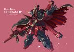  absurdres arrow_through_heart beam_rifle black_cape bright_pupils cape character_name chibi commentary_request crossbone_gundam crossbone_gundam_x-1 energy_gun eyepatch finger_on_trigger full_body gold_trim gun gundam highres holding holding_gun holding_weapon hololive houshou_marine houshou_marine_(1st_costume) looking_at_viewer mecha mecha_focus mobile_suit no_humans one_eye_covered outstretched_arms red_background red_cape red_eyes robot science_fiction sd_gundam skull_and_crossbones solo spread_arms takamaru_(taka1220) thrusters torn_cape torn_clothes two-sided_cape two-sided_fabric two-tone_cape v-fin weapon white_pupils 