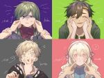 2boys 2girls :t ^_^ anger_vein angry apron bangs_pinned_back black_eyes black_jacket blonde_hair blue_dress bow bow_hairband bright_pupils brown_eyes character_name cheek_pinching cheek_poking closed_eyes closed_mouth color_coordination commentary_request couple double-parted_bangs dress facing_viewer flower_symbol green_background green_hair green_hoodie grey_background hair_between_eyes hair_ornament hairband hairclip hands_on_another's_wrists highres hood hood_down hooded_jacket hoodie jacket kagerou_project kano_shuuya kido_tsubomi kozakura_marry long_hair long_sleeves looking_at_viewer mokemoke_chan multiple_boys multiple_girls numbered open_mouth out_of_frame pinching pink_background pink_bow pink_hairband poking portrait purple_background purple_hoodie seto_kousuke short_hair simple_background smile turtleneck wavy_hair white_apron white_pupils 