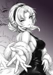  absurdres bad_link breasts bubblebebe bubblebebe_(artist) coat dress earrings evening_gown fur_coat hair_bun highres indie_virtual_youtuber jewelry mole mole_under_eye reaching reaching_towards_viewer sideboob simple_background 