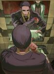  1boy 1girl alternate_costume black_hair black_shirt black_suit blood blood_on_face blood_on_hands carmen_(project_moon) commentary english_commentary gun hair_slicked_back highres jacket limbus_company long_hair looking_at_mirror male_focus meursault_(project_moon) mirror project_moon reflection shirt short_hair sink suit suit_jacket very_short_hair weapon white_shirt yongsadragon 