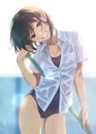  ass_visible_through_thighs bangs black_hair blurry blurry_background breast_pocket broom brown_eyes collared_shirt commentary_request cowboy_shot dated eyebrows_visible_through_hair grin groin head_tilt highres holding holding_broom looking_at_viewer morikura_en new_school_swimsuit no_pants one-piece_swimsuit original pocket school_swimsuit shirt short_hair short_sleeves skindentation smile solo swimsuit swimsuit_under_clothes twitter_username wet wet_clothes wet_shirt white_shirt 