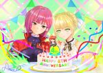  2girls absurdres ahoge amacexo asami_makiko_(heaven_burns_red) blonde_hair braid cake candle character_doll chibi commentary_request confetti doll earrings eyepatch food green_eyes heaven_burns_red highres jewelry medical_eyepatch multiple_girls nanase_nanami_(heaven_burns_red) nanase_nanami_(promise_beyond_the_dawn)_(heaven_burns_red) purple_hair red_eyes red_hair short_hair string_of_flags tezuka_saki tezuka_saki_(dawn_of_hope) 