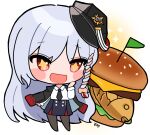  +_+ 1girl :d black_hat black_jacket black_necktie black_pantyhose blue_archive blue_hair blue_skirt blush_stickers bow bunnyjiry_(jirynyang) burger chibi chibi_only collared_shirt commentary english_commentary flag food full_body hair_bow hand_up haruna_(blue_archive) hat jacket jacket_on_shoulders long_hair long_sleeves necktie no_shoes open_clothes open_jacket open_mouth orange_bow pantyhose red_eyes shirt simple_background skirt smile solo standing taiyaki very_long_hair wagashi white_background white_shirt 
