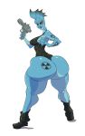  2017 5_fingers alien big_butt blue_lips blue_skin boots breasts butt clothed clothing digital_media_(artwork) female footwear gills grey_eyes gun holding_object huge_butt humanoid lips lipstick looking_at_viewer looking_back makeup marine nala_(diegosandiego) not_furry radioactive ranged_weapon rear_view red_sclera shoes simple_background skimpy slb solo standing tattoo teeth thick_thighs weapon webbed_hands white_background wide_hips 