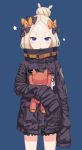  abigail_williams_(fate/grand_order) absurdres alternate_hairstyle bandaid_on_forehead bangs belt black_bow black_jacket blonde_hair blue_background blue_eyes blush bow commentary_request fate/grand_order fate_(series) forehead hair_bun high_collar highres holding holding_stuffed_animal jacket long_hair looking_at_viewer open_mouth orange_bow parted_bangs polka_dot polka_dot_bow sanbe_futoshi simple_background sleeves_past_fingers sleeves_past_wrists solo stuffed_animal stuffed_toy teddy_bear thighs 